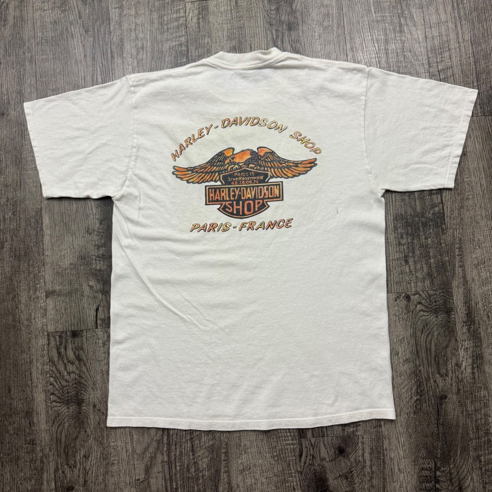 Vintage Harley Davidson Shop Paris France Biker Motorcycle T-Shirt Tee Jerzees - Picture 2 of 8